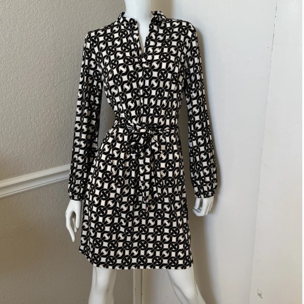 Sz S Laundry by Design Chain Print Tie Belt Slinky Jersey Dress Black Ta…